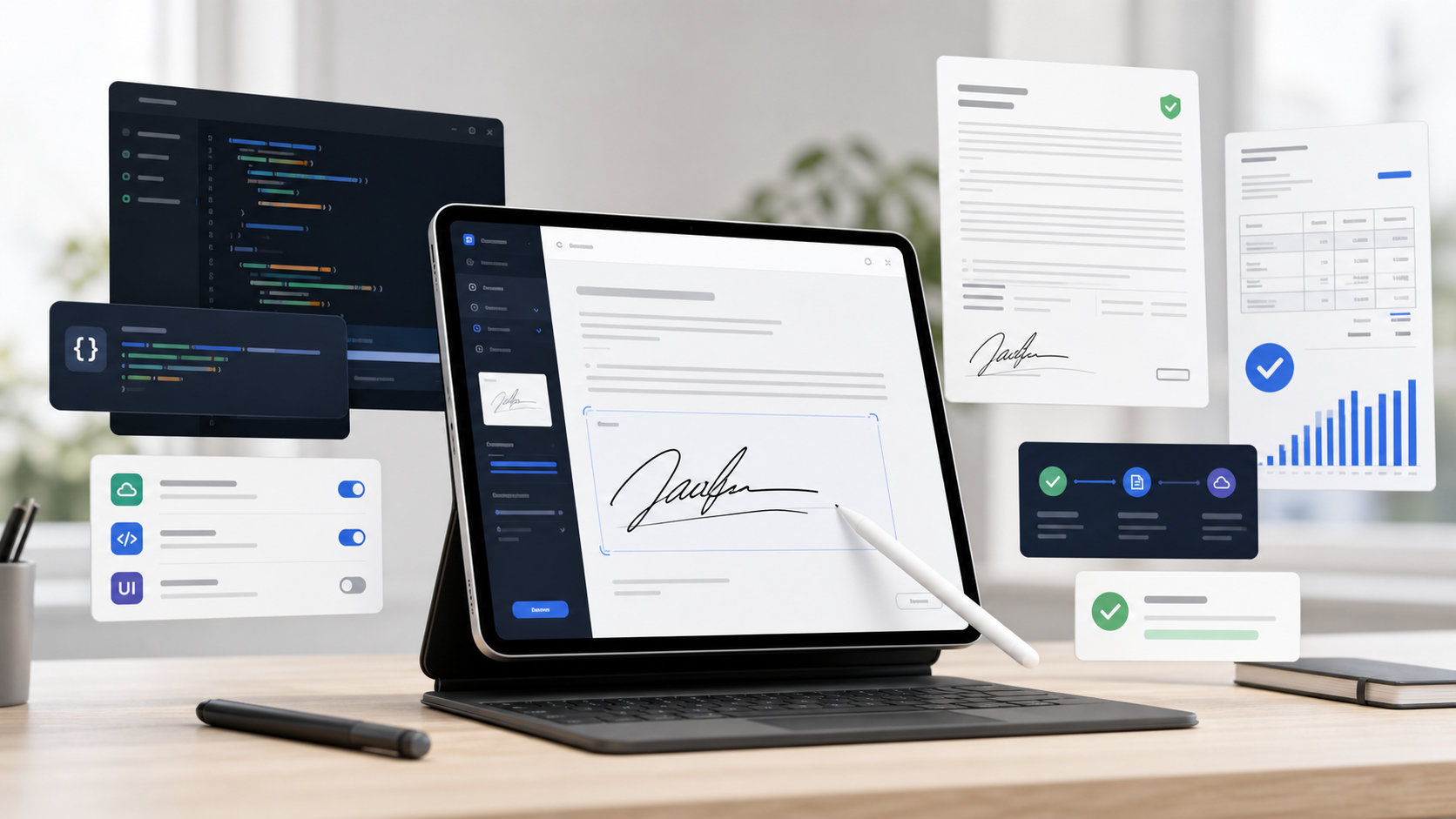 Product mockup showing a signature pad interface and PDF previews